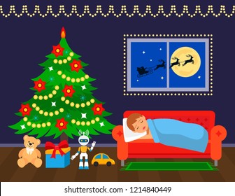 Little boy is sleeping near the Christmas tree and is waiting for gifts. In the window of Santa with deer on the background of the moon. greeting card or banner. flat vector illustration