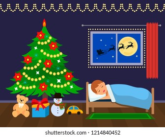 Little boy is sleeping near the Christmas tree and is waiting for gifts. In the window of Santa with deer on the background of the moon. greeting card or banner. flat vector illustration