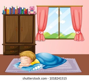 Little boy sleeping on carpet illustration