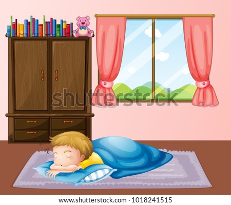 Little boy sleeping on carpet illustration