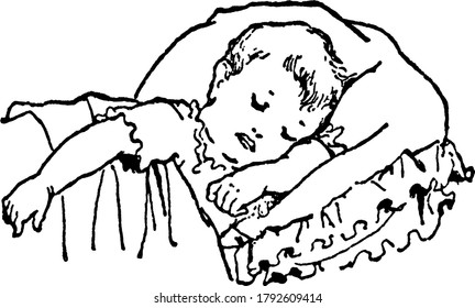 Un niño pequeño está durmiendo sobre una almohada cómoda, dibujo vintage o ilustración grabadora.