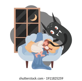 Niñito durmiendo en un sofá, monstruo de noche asustado listo para atacar la ilustración plana vectorial de un niño. Carácter masculino durmiendo de noche y teniendo pesadilla. Mal sueño con fantasmas aterradores.