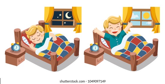 A Little boy sleeping on tonight dreams and he wake up in the morning. Isolated vector