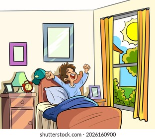 A Little boy sleeping on tonight dreams and he wake up in the morning.Vector illustration, kid waking up in the morning, cartoon concept.