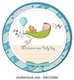 little boy sleeping in a pea been, baby announcement card