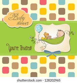 little boy sleeping in a pea been, baby shower card