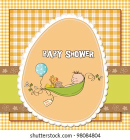 little boy sleeping in a pea been, baby announcement card