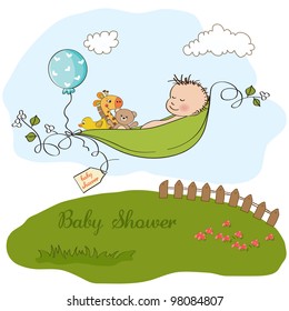 little boy sleeping in a pea been, baby announcement card