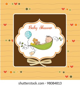 little boy sleeping in a pea been, baby announcement card