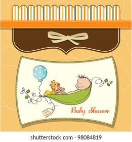 little boy sleeping in a pea been, baby announcement card