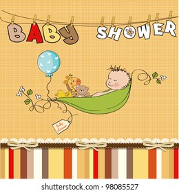 little boy sleeping in a pea been, baby shower card