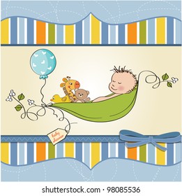 little boy sleeping in a pea been, baby shower card