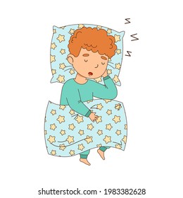 Little Boy Sleeping Sweetly on Soft Pillow Under Blanket in His Bed Vector Illustration