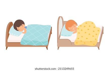 Little Boy Sleeping Sweetly on Soft Pillow Under Blanket in Their Bed Vector Set