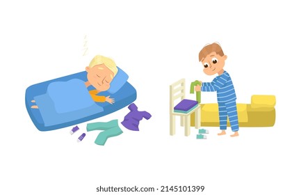 Little Boy Sleeping Sweetly on Soft Pillow Under Blanket in Bed and Folding Clothes Vector Set