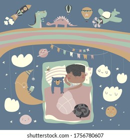 Little boy sleeping with teddy bear under the stars,rainbow and moon
