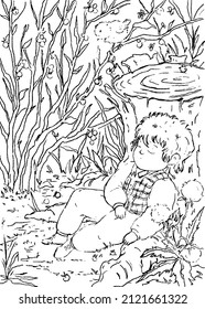 Little boy sleeps near a stump and bushes with berries. Sweet children's sleep in nature. Black and white vector illustration
