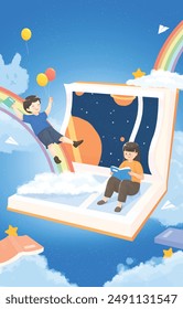 A little boy is sliding down a rainbow slide and a little girl is reading a book