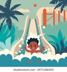 Little boy sliding down a water slide in a water park. Summer activities. Child having fun in the water. Holidays at an all-inclusive hotel. Flat style illustration