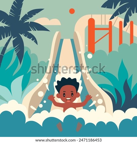 Little boy sliding down a water slide in a water park. Summer activities. Child having fun in the water. Holidays at an all-inclusive hotel. Flat style illustration