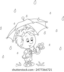 Little boy with a small butterfly holding a striped umbrella and sheltering from the summer rain while walking in a park, black and white outline vector cartoon illustration for a coloring book