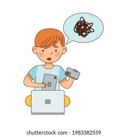 Little Boy with Smartphone in Front of Laptop Feeling Puzzled Vector Illustration