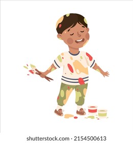 Little Boy Smeared in Paints Holding Artist Brush Vector Illustration