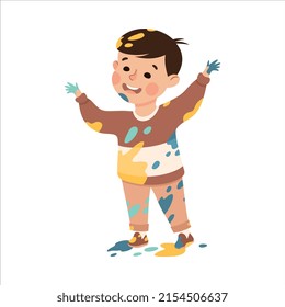 Little Boy Smeared in Paints Standing and Waving Hands Vector Illustration