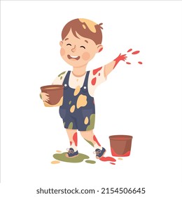 Little Boy Smeared in Paints Throwing Splashes Vector Illustration