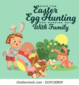 Little boy smile hunting decorative chocolate egg under brush in easter bunny costume with ears and tail, vector illustration, spring holiday fun, isolated on white, paschal basket for eggs hunter