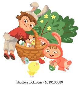 Little boy smile hunting decorative chocolate egg under brush in easter bunny costume with ears and tail, vector illustration, spring holiday fun, isolated on white, paschal basket for eggs hunter