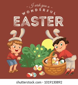 Little boy smile hunting decorative chocolate egg under brush in easter bunny costume with ears and tail, vector illustration, spring holiday fun, isolated on white, paschal basket for eggs hunter