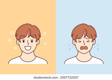 Little boy smiles and begins to cry due to fatigue or problems with socialization. Psychological and bipolar disorder in pre-teen child is caused by lack of conditions for raising children