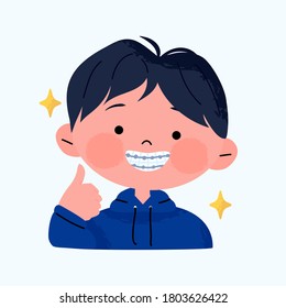 little boy smiling and showing braces with confidence, illustration of a cute boy with braces. Cartoon character hand drawn portrait vector