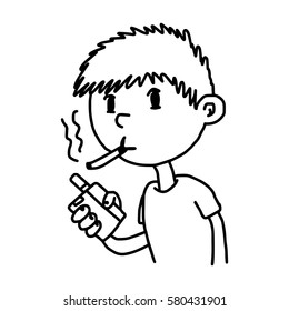 little boy smoking cigarette- illustration vector doodle hand drawn, isolated on white background