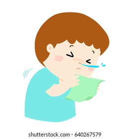 Little boy sneezing vector illustration.