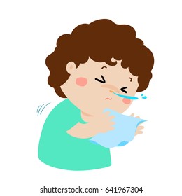 Little boy sneezing vector illustration.