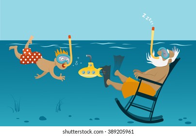 Little boy snorkeling while his grandfather napping in a rocking chair underwater, EPS 8 vector illustration