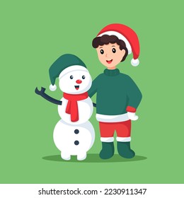 Little Boy and Snowman at Christmas Character Design Illustration