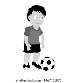 A little boy with a soccer ball. Grey scale vector illustration of flat design.