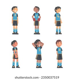 Little Boy Soccer or Football Player in Uniform Stand Vector Set