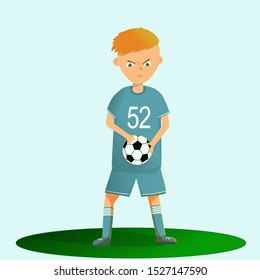 Little boy soccer player plays football, vector illustration