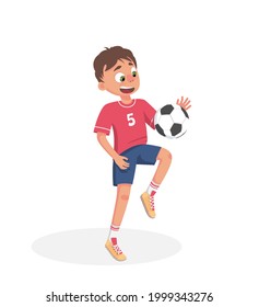 little boy is a soccer player. The teenager plays with a soccer ball, kicks. Vector isolated stock illustration in cartoon style on white background