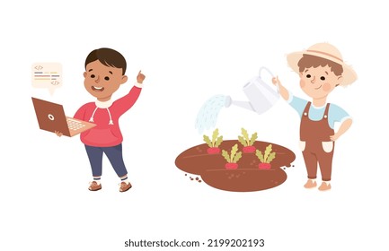 Little Boy Software Specialist with Laptop and Gardener Watering Vegetable Representing Profession Vector Set