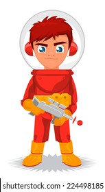 Little Boy In Space Suit, Making A Fine Space Cadet. Vector Illustration Cartoon. 