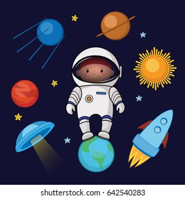Little boy spaceman in space, rocket, satellite, UFO, planets and stars, cartoon vector illustration isolated on dark background. Little boy, kid spaceman in space, shuttle, satellite, planets, stars