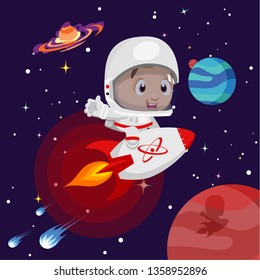 Little boy in spacesuit flying on spaceship in cosmos. Concept of start up, beginning of new project, connected with children`s education, products. Cartoon vector cosmic landscape with stars, planets