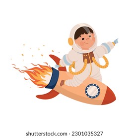 Little boy in spacesuit flying on rocket. Kids astronaut character dreaming about adventures in outer space cartoon vector illustration