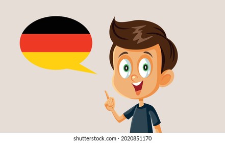 Pequeño Niño Hablando Ilustración Vectorial Alemana. Niño pequeño expandiendo su vocabulario aprendiendo nuevas palabras en idioma extranjero
