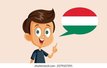 
Little Boy Speaking Hungarian language Vector Cartoon Character. Cheerful student learning a foreign language 